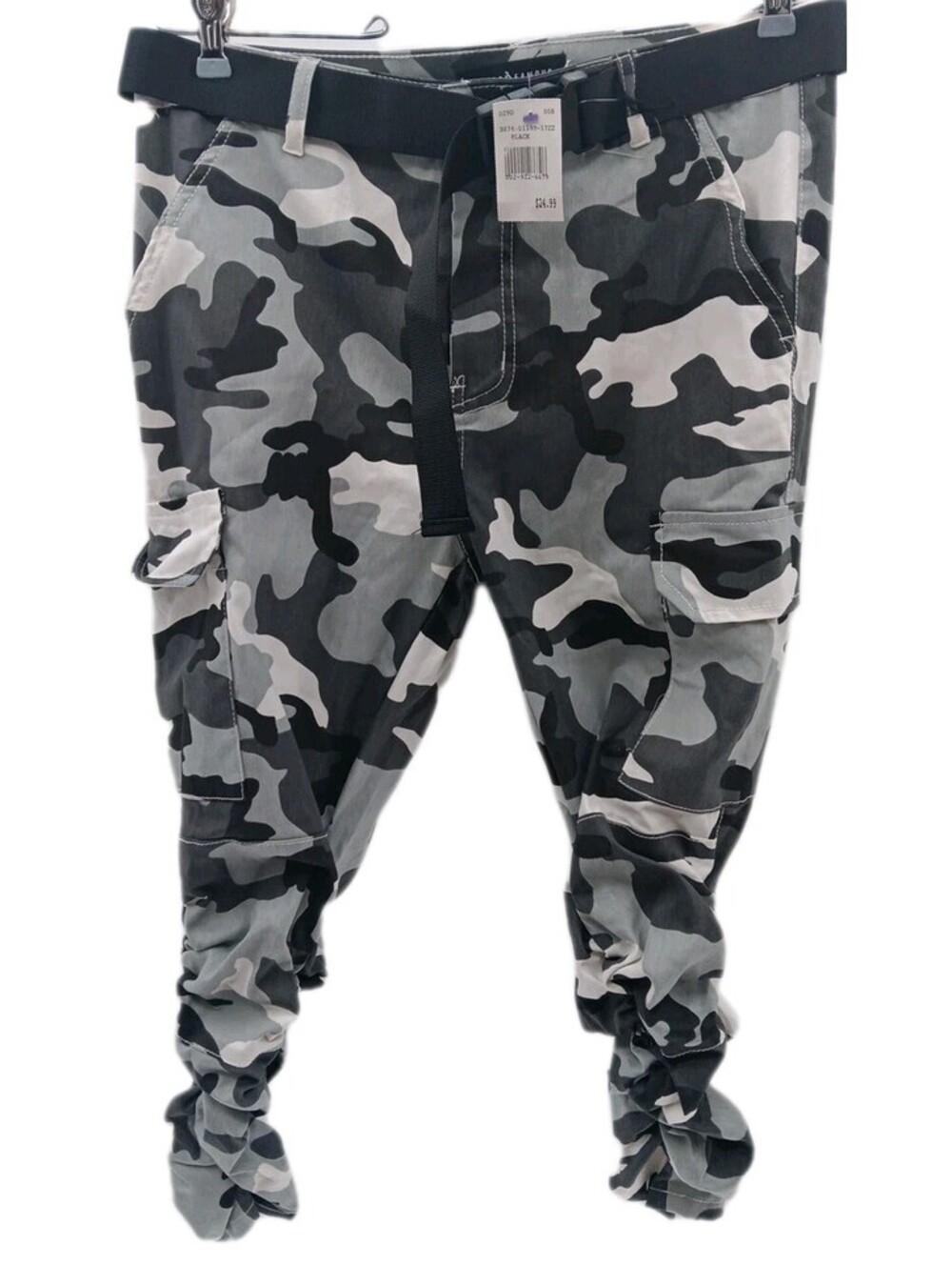 Almost Famous Cargo Pants Women's Medium  Black Gray Camo Rouching Legs Stretch